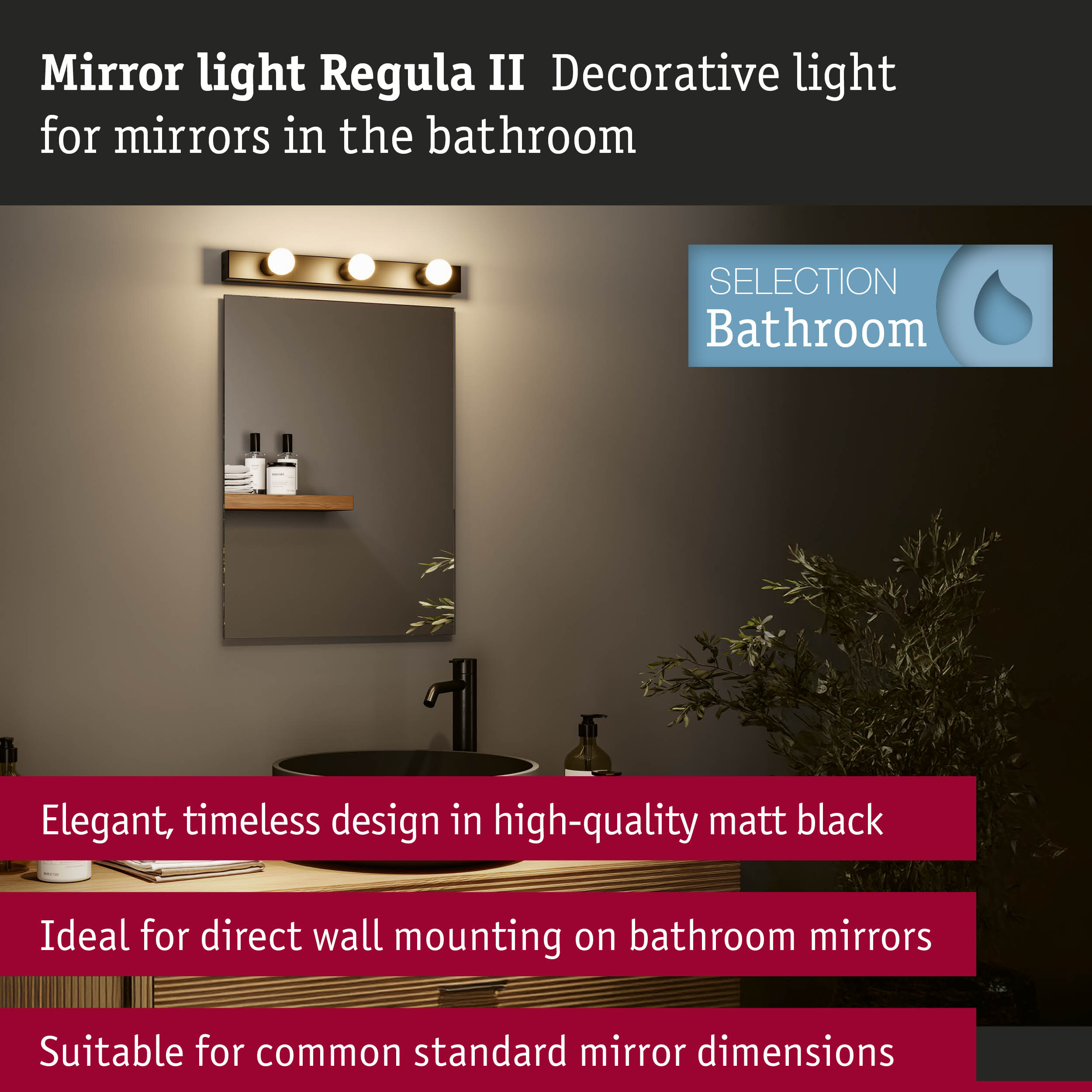 Set Mirror light Regula II including light source 3-lamp IP44 E14 2700K 3x470lm 230V 3x4,5W dimmable Black/Opal