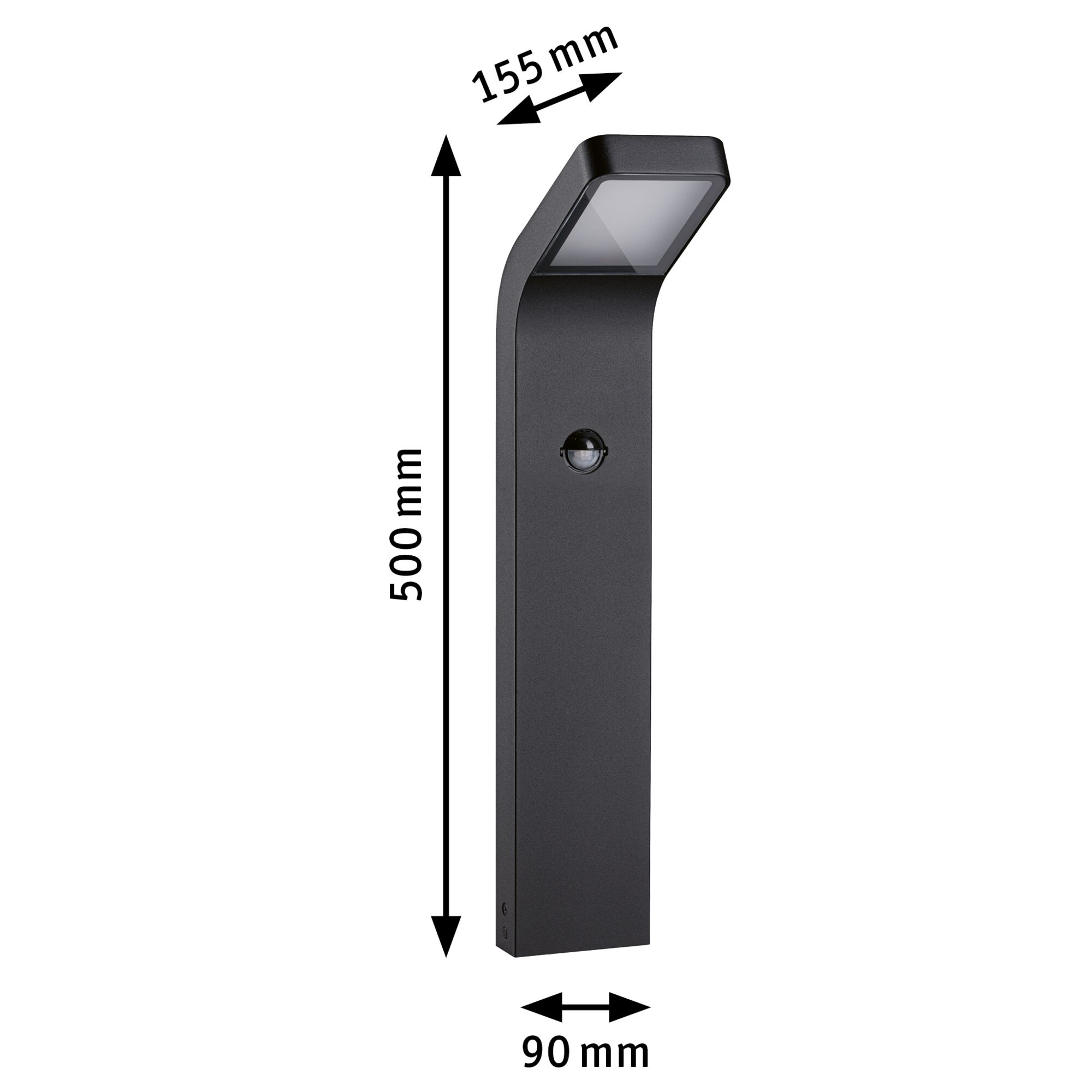Black aluminum outdoor light with motion sensor, dimensions 500x155x90 mm, modern garden lighting