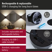 Black wall light with replaceable battery and USB-C charging for extended burn time