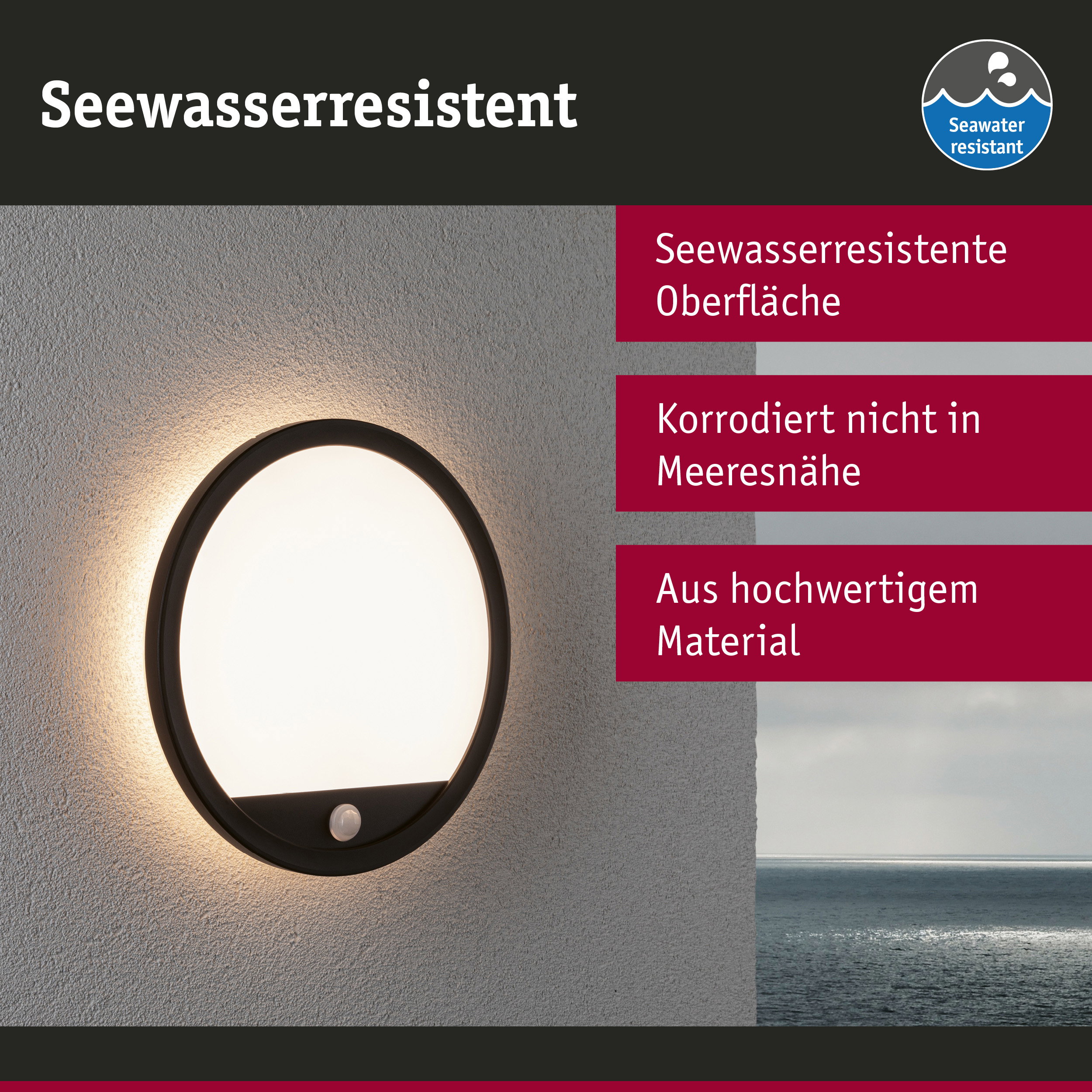 Runde Außenwandleuchte mit schwarzem Rahmen und seewasserresistenter Oberfläche für Meeresschutz