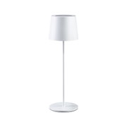 Modern white metal table lamp with round base and cylindrical shade ideal for living room lighting