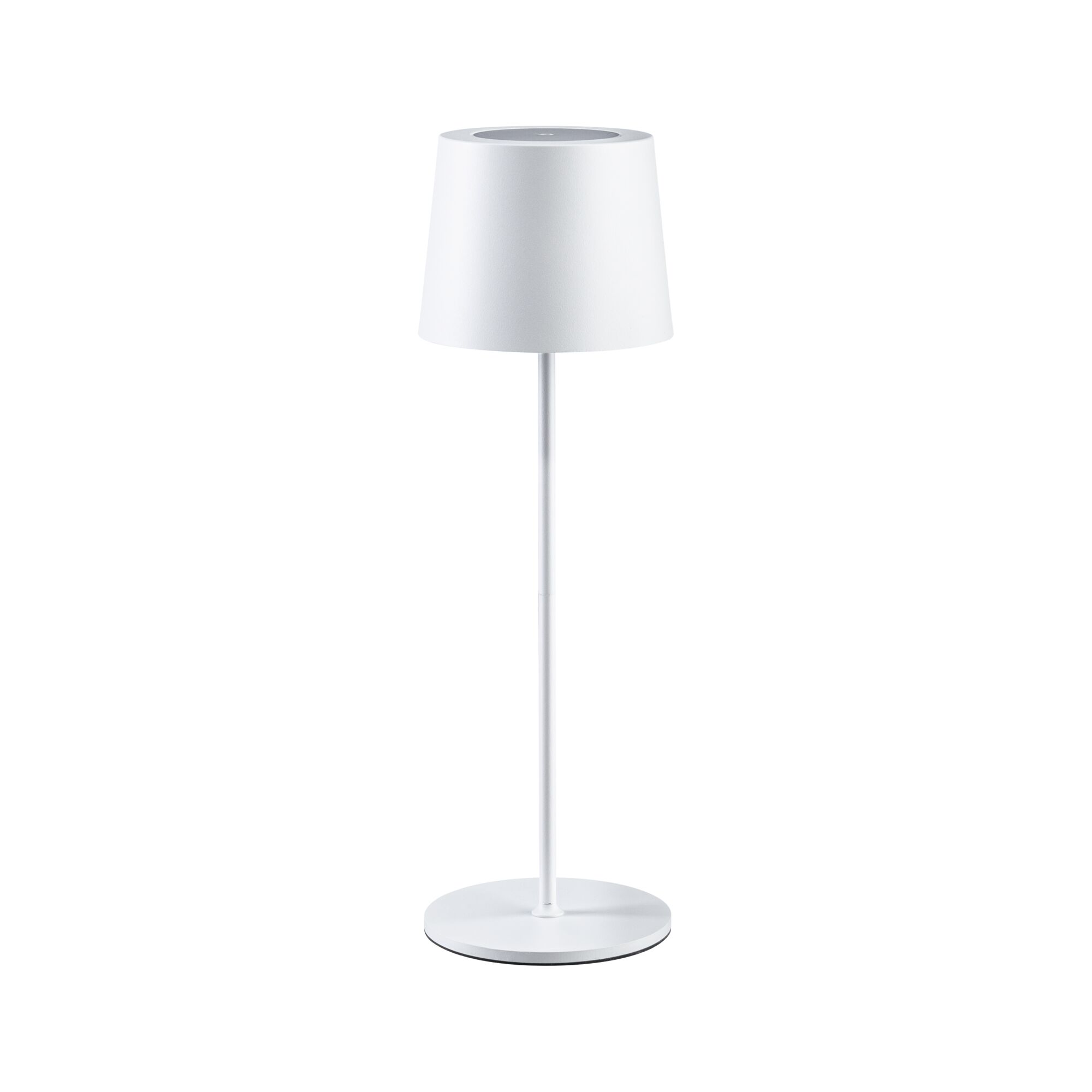 Modern white metal table lamp with round base and cylindrical shade ideal for living room lighting