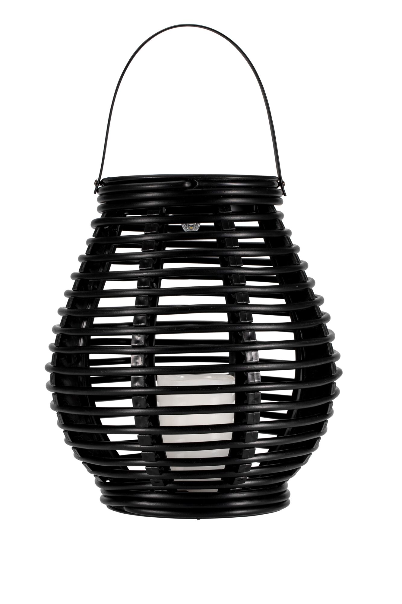 Black plastic lantern with handle and white candle light for atmospheric indoor lighting