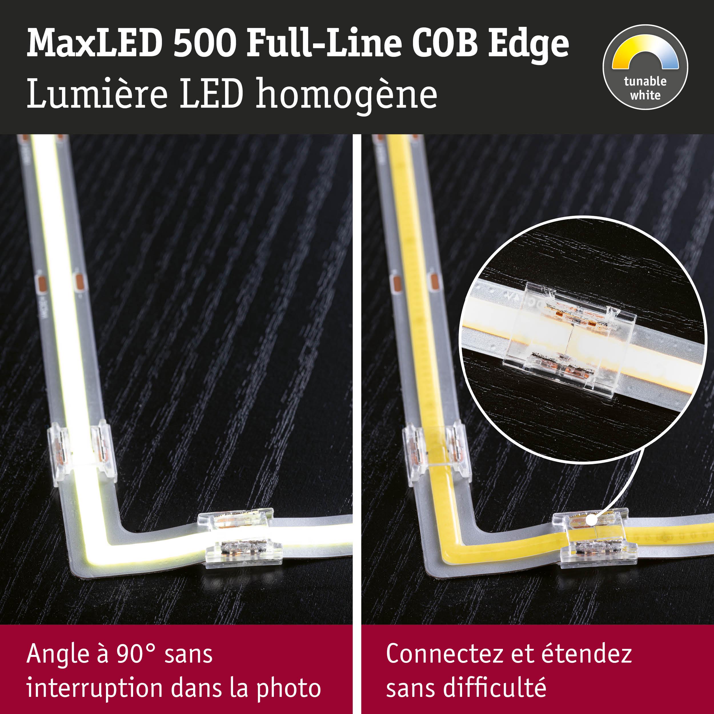 Bande LED MaxLED 500 Full-Line COB Edge avec angle à 90° et connexion facile pour lumière blanche réglable homogène