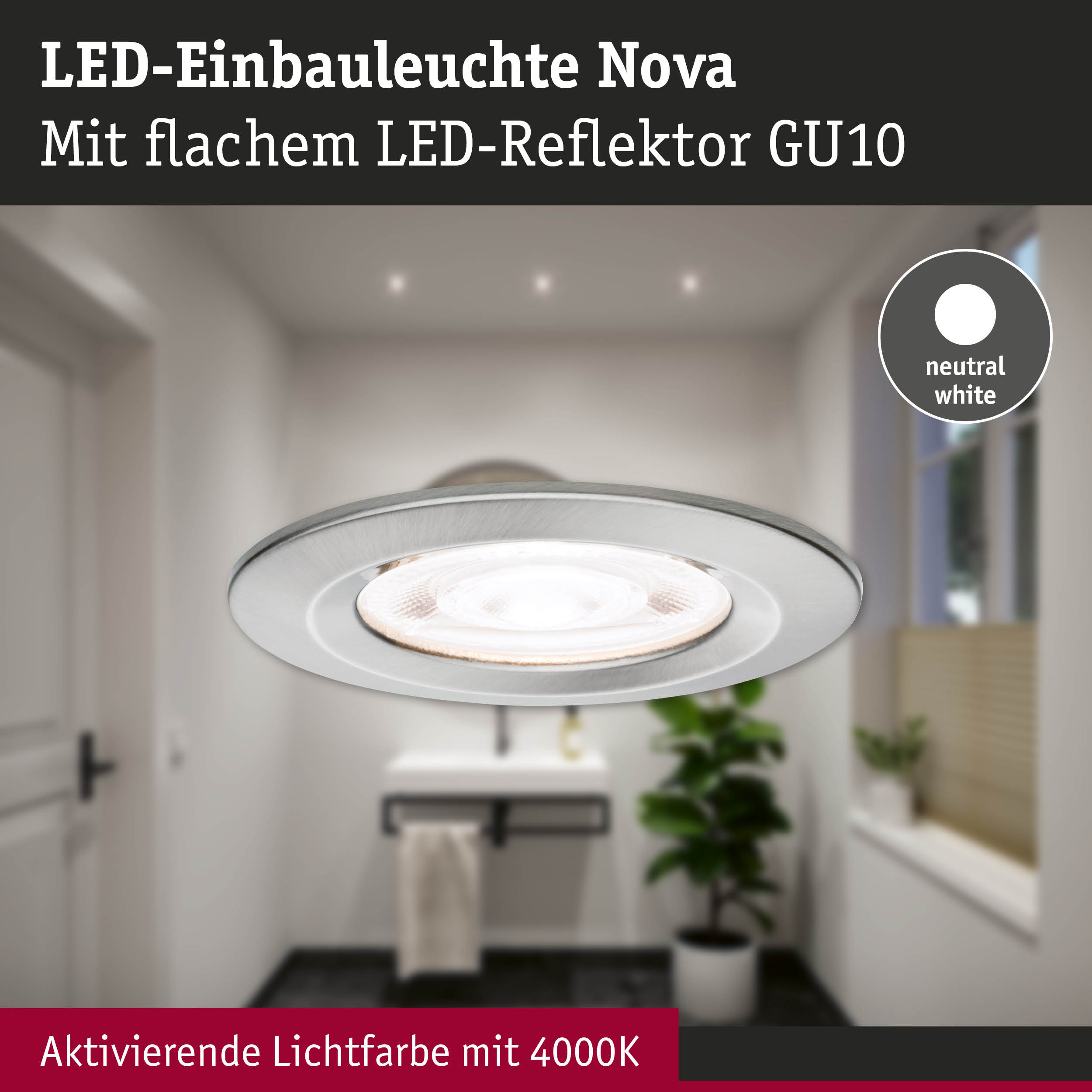 LED-Einbauleuchte Nova aus gebürstetem Aluminium in neutralweiß für moderne Raumbeleuchtung