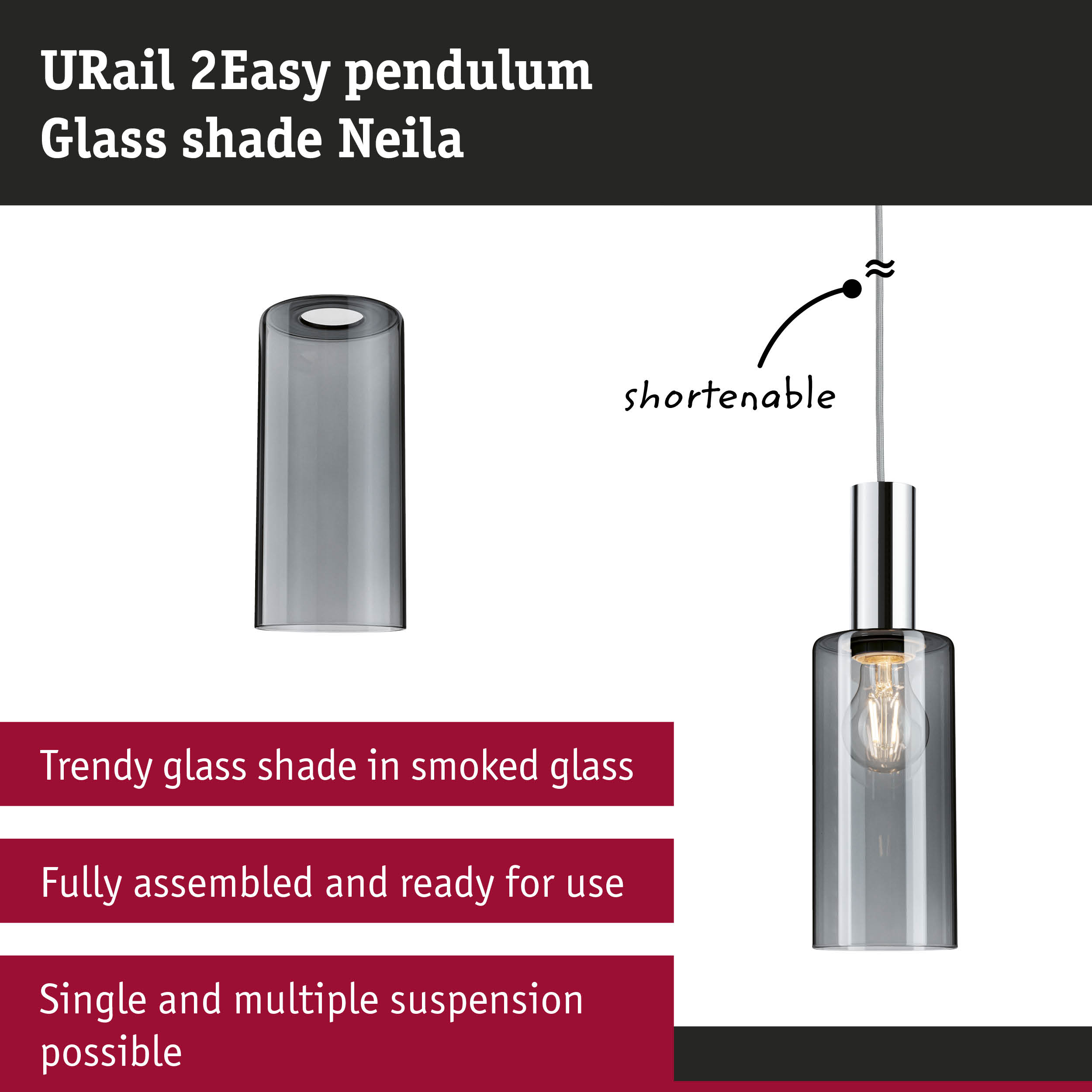 URail 2Easy Neila pendant light with smoked glass shade and adjustable cable for stylish indoor lighting