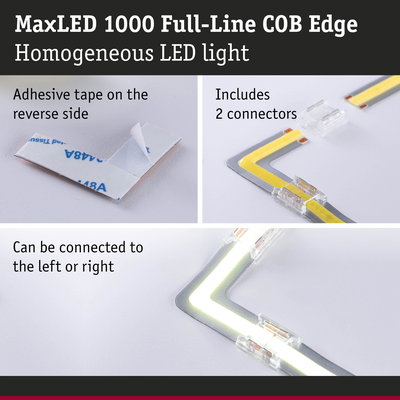 MaxLED 1000 COB LED strip with adhesive tape and two clear connectors for versatile lighting setups