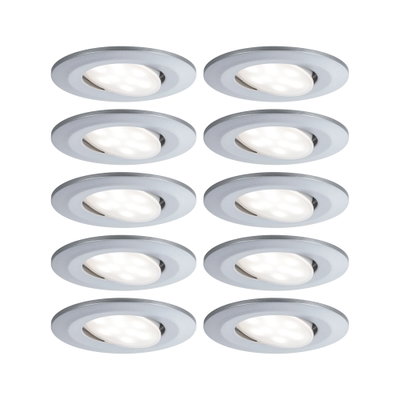 Set of ten round silver aluminum LED recessed spotlights with warm white light for living spaces.