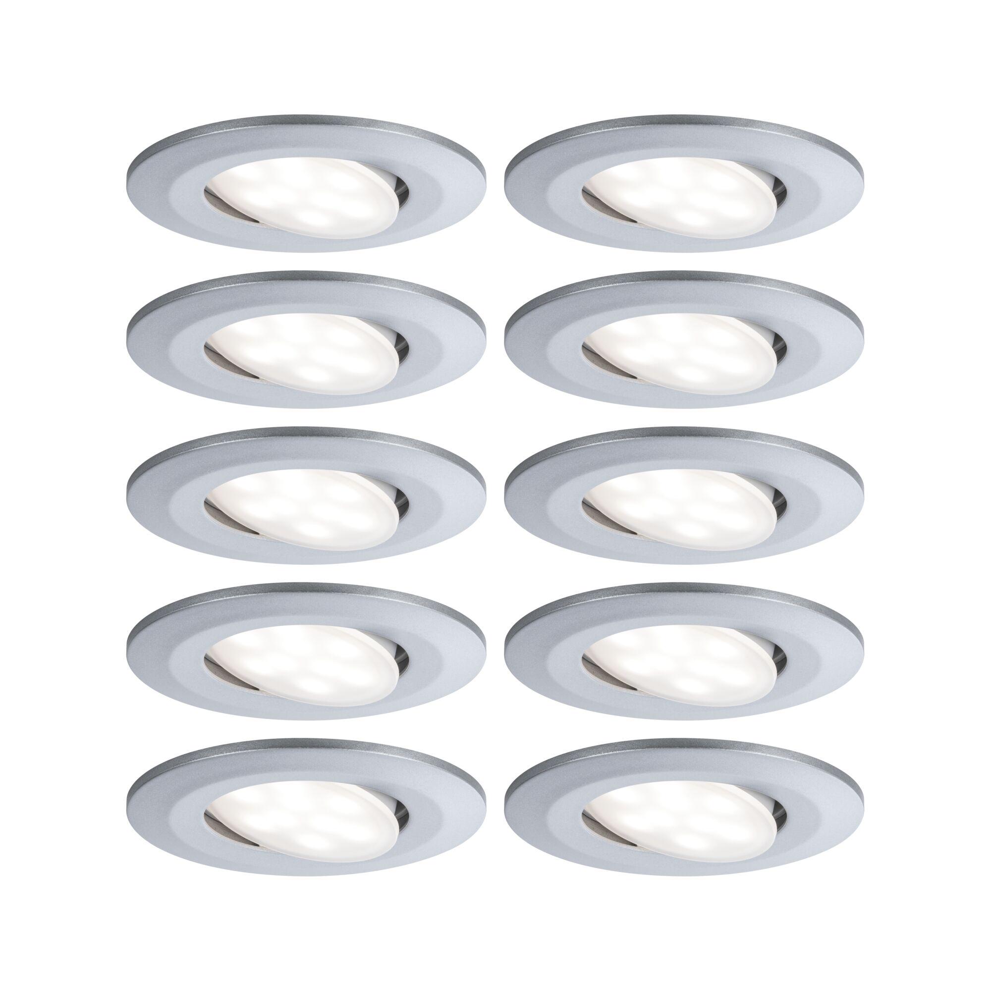 Sechs runde LED-Einbaustrahler aus silbernem Aluminium mit warmweißem Licht für moderne Raumbeleuchtung
