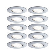 Sechs runde LED-Einbaustrahler aus silbernem Aluminium mit warmweißem Licht für moderne Raumbeleuchtung