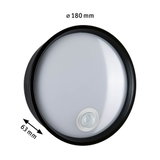 Round LED ceiling light with motion sensor, black frame and white diffuser, 180 mm diameter
