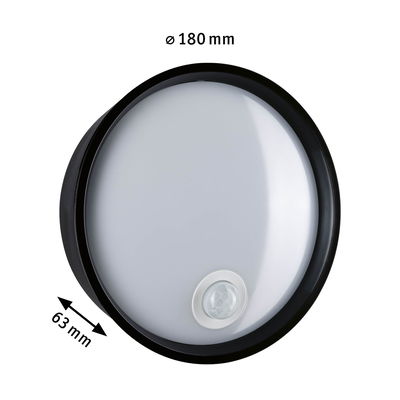 Runde LED-Deckenleuchte mit Bewegungsmelder, schwarzer Rahmen und weißem Diffusor, 180 mm Durchmesser