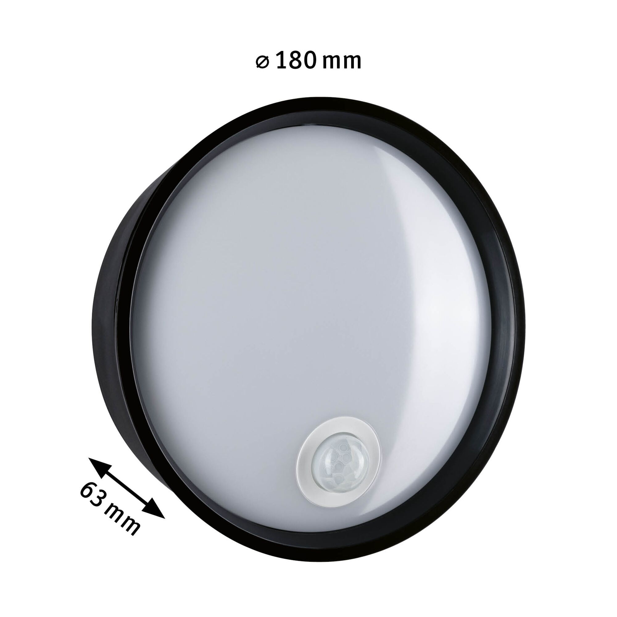 Round LED ceiling light with motion sensor, black frame and white diffuser, 180 mm diameter