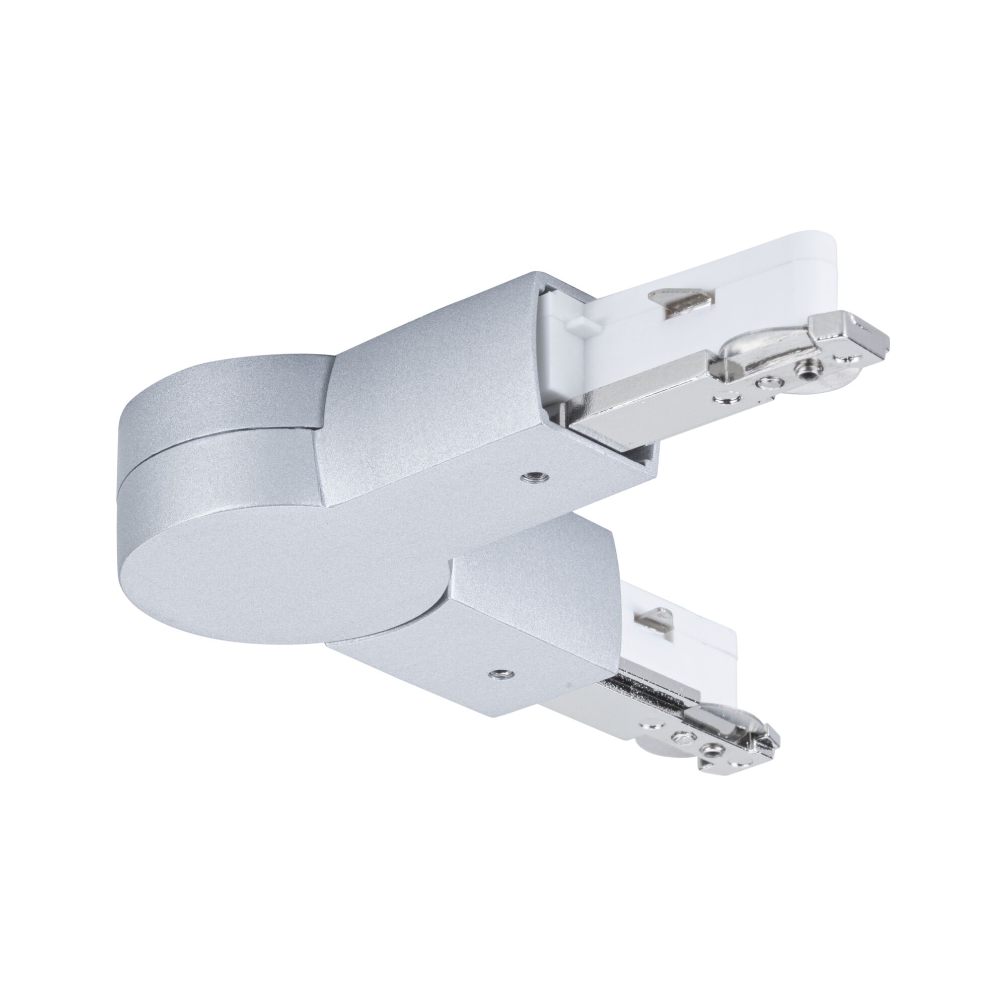 Zilverkleurige aluminium connector voor railsystemen met witte kunststof aansluiting voor LED-verlichting