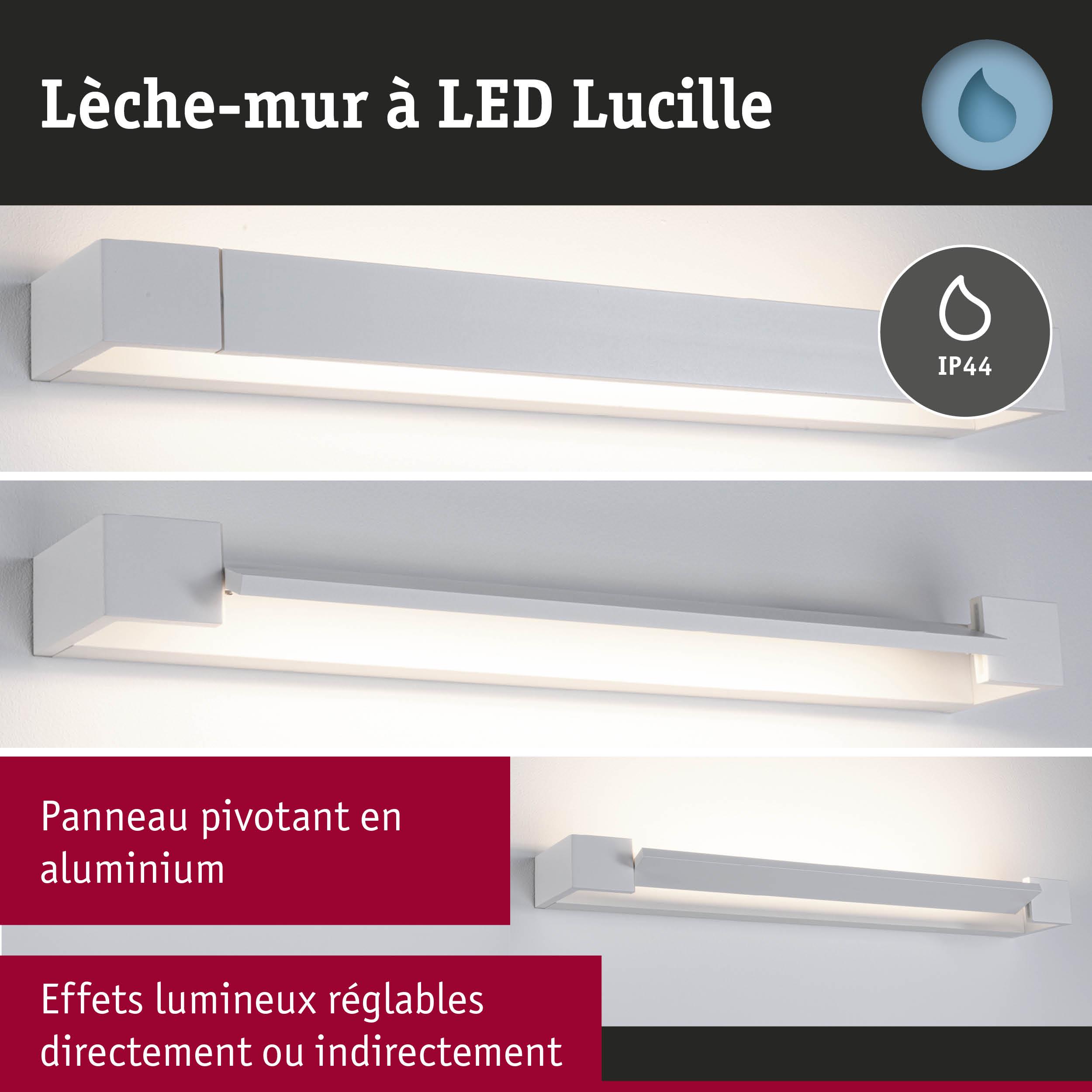 Lèche-mur LED blanc Lucille en aluminium avec indice IP44 et effets lumineux réglables