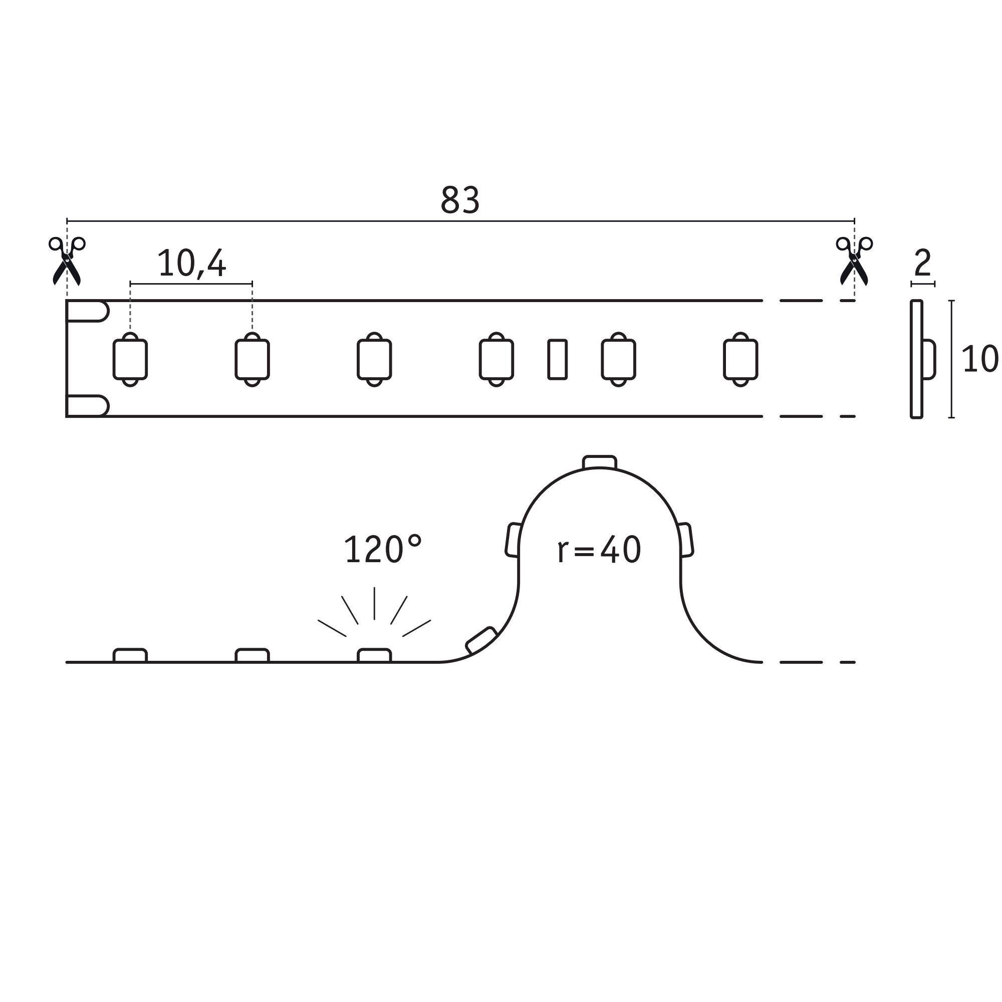 Schéma technique d’une bande LED de 83 cm de long et 10 mm de large avec marques de coupe