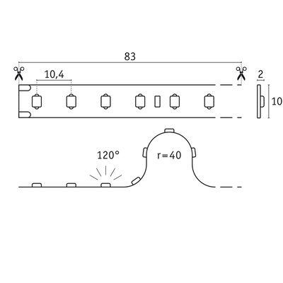Schéma technique d’une bande LED de 83 cm de long et 10 mm de large avec marques de coupe