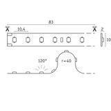 Technical drawing of LED strip 83 cm long and 10 mm wide with cut marks and 120° light angle