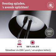 Close-up van zwarte lampenkap met USB-C oplaadkabel en batterij-indicator voor verlichting