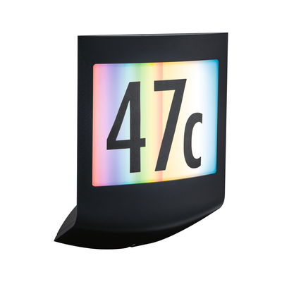 Black LED house number sign with multicolor background and large black digits 47c