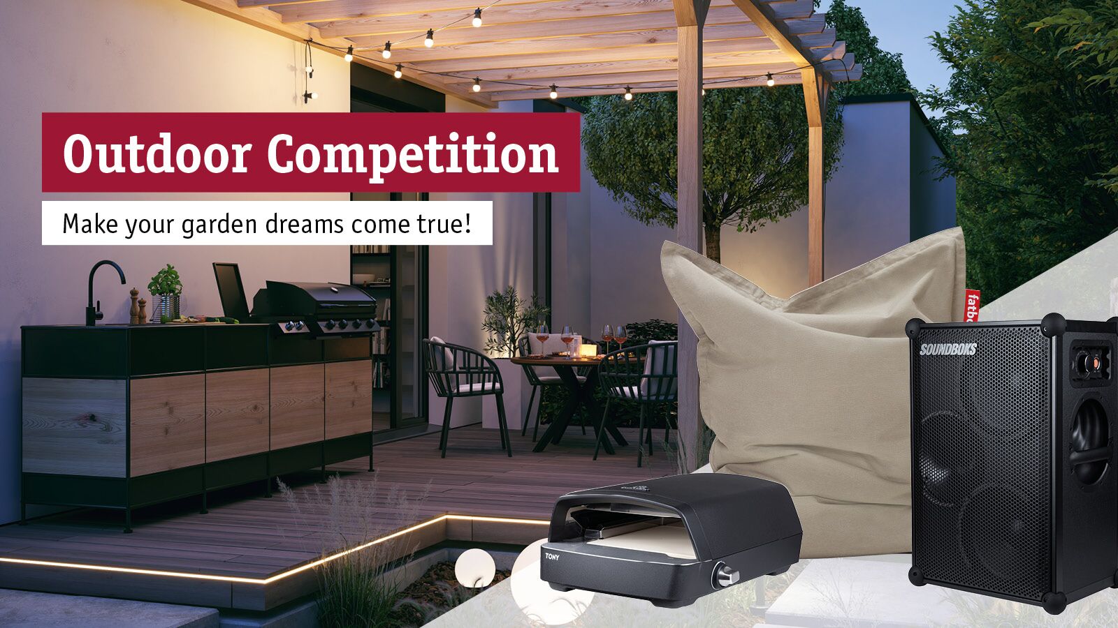 Modern outdoor patio with wooden deck, string lights, speaker and beige bean bag for garden furniture inspiration