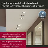 Six luminaires encastrés ronds en aluminium noir anti-éblouissant, adaptés aux pièces humides et extérieurs couverts.