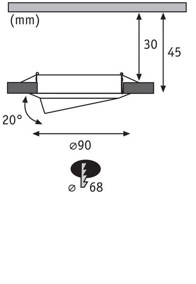 Schéma technique d'un spot encastré de 90 mm de diamètre avec inclinaison de 20 degrés, dimensions en mm.
