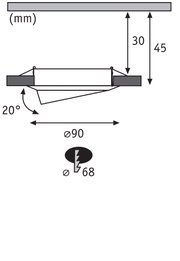Schéma technique avec dimensions d'un spot encastré rond de 90 mm de diamètre et inclinaison de 20°