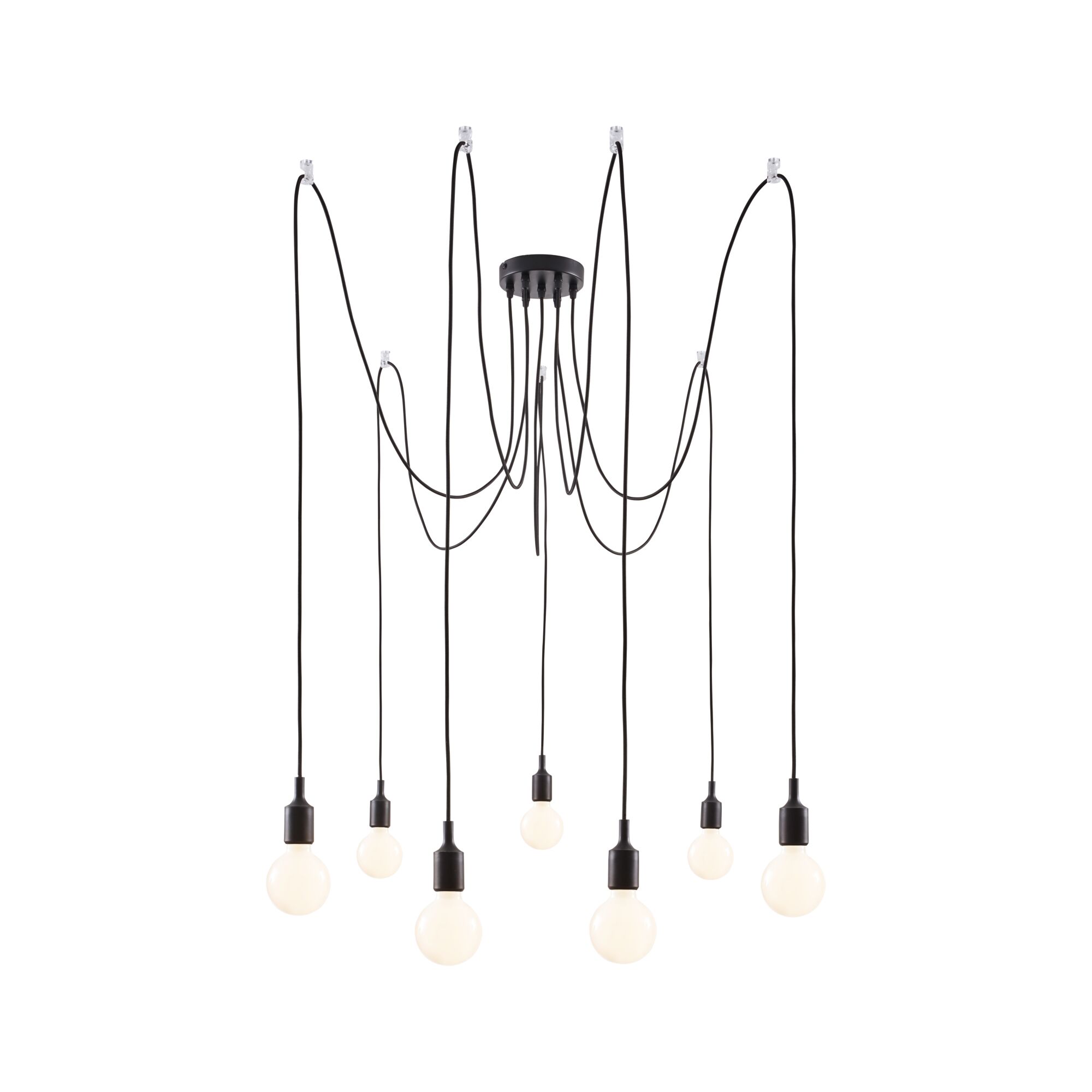 Suspension noire moderne avec sept ampoules blanches et longs câbles pour éclairage salon design