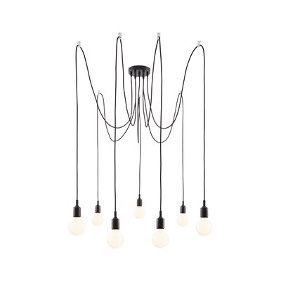 Suspension noire moderne avec sept ampoules blanches et longs câbles pour éclairage salon design