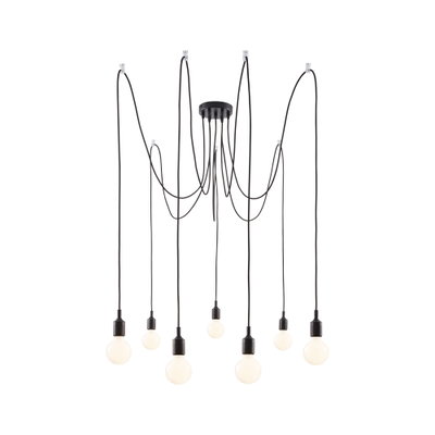Moderne zwarte hanglamp met zeven witte lampen en lange kabels voor sfeervolle woonkamerverlichting