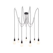 Modern black pendant light with seven white bulbs and long cables for stylish home lighting