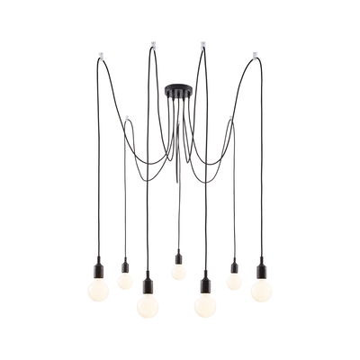 Modern black pendant light with seven white bulbs and long cables for stylish living room lighting