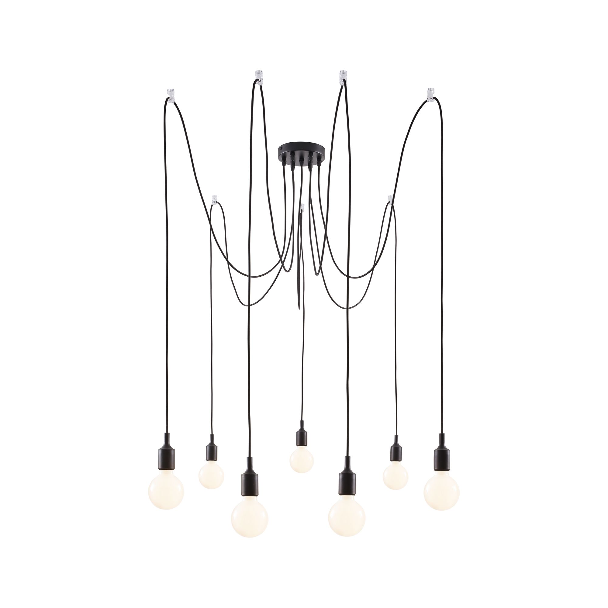 Modern black pendant light with seven white bulbs and long cables for stylish home lighting
