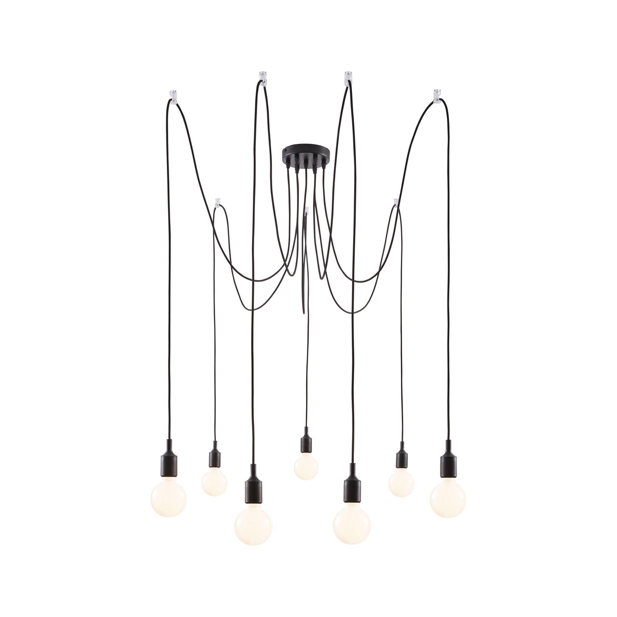 Modern black pendant light with seven white bulbs and long cables for stylish home lighting