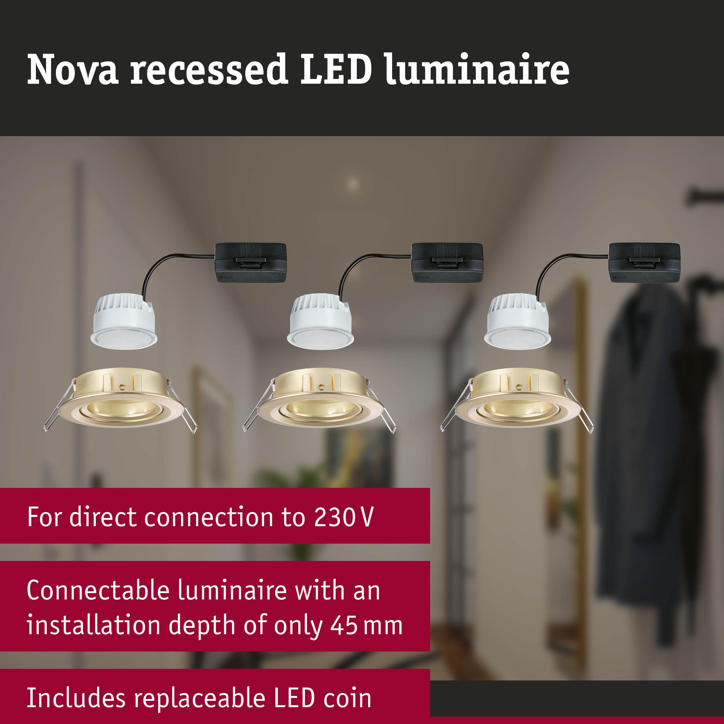 Nova recessed LED luminaire in gold with direct 230V connection, 45 mm installation depth, and replaceable LED coin.