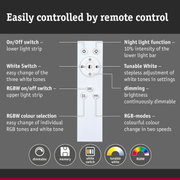 White remote control with buttons for dimmable light, white tones, and RGBW color control