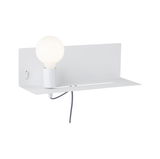 Witte metalen wandlamp met ronde lamp en praktisch plankje voor moderne verlichting en interieur