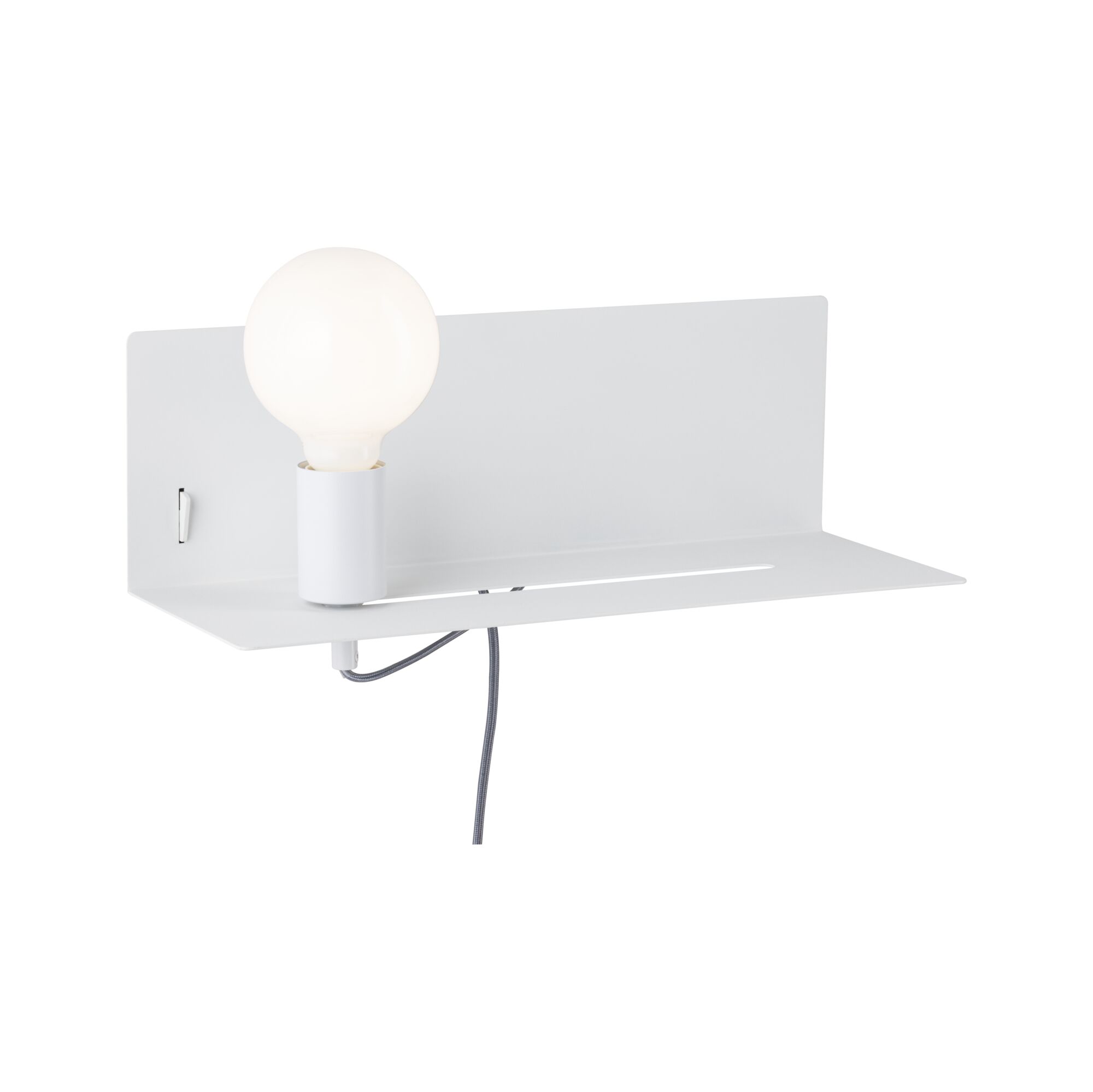 Witte metalen wandlamp met ronde lamp en praktisch plankje voor moderne verlichting en interieur
