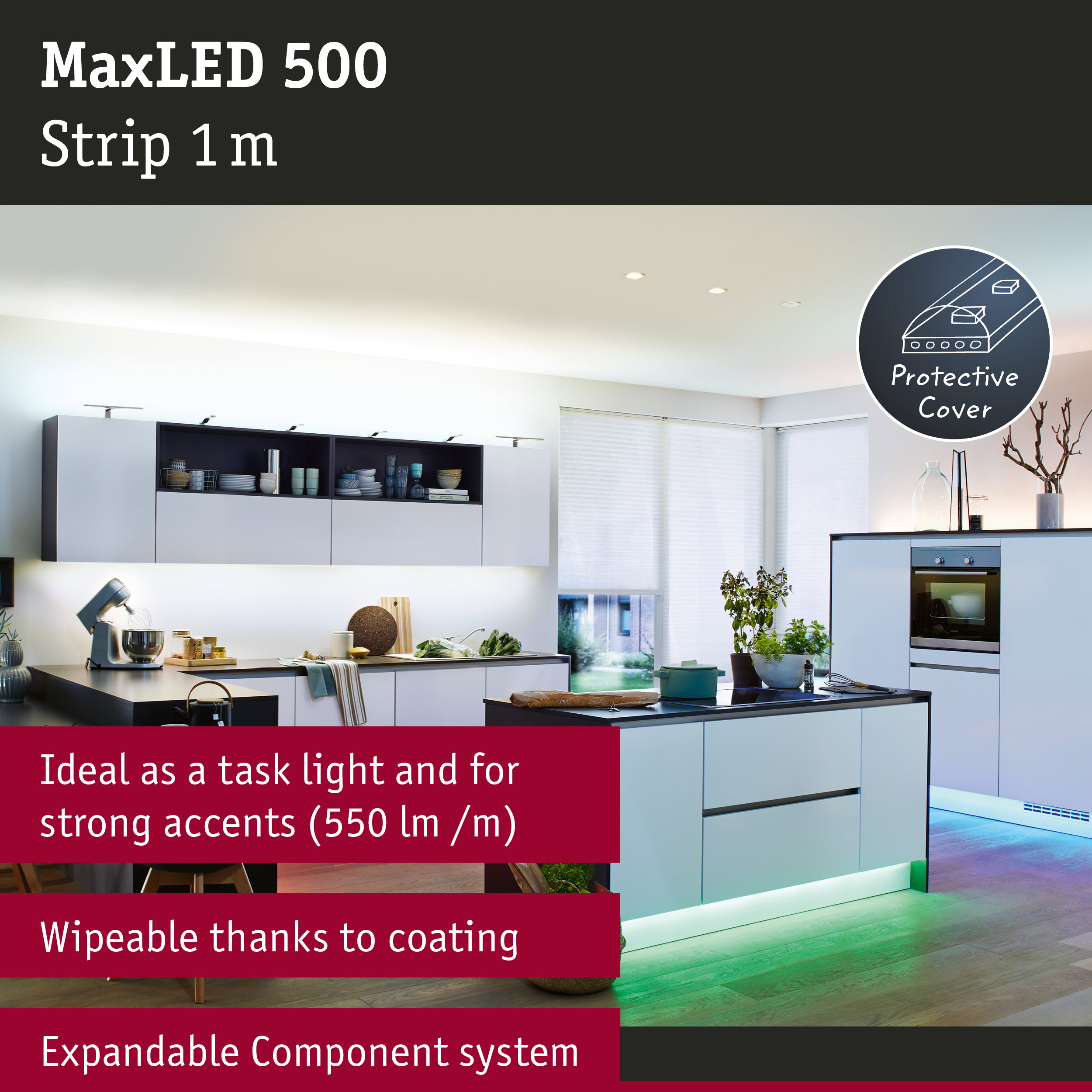 MaxLED 500 1m LED strip with protective cover, perfect for kitchen lighting and strong accent lights