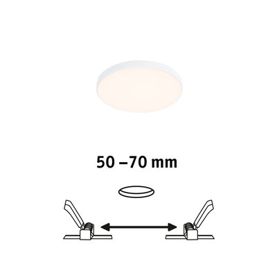 Round white LED ceiling light with slim design and 50-70 mm installation depth for modern lighting