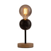 Modern table lamp with black marble base and wooden foot, warm white LED light for living spaces
