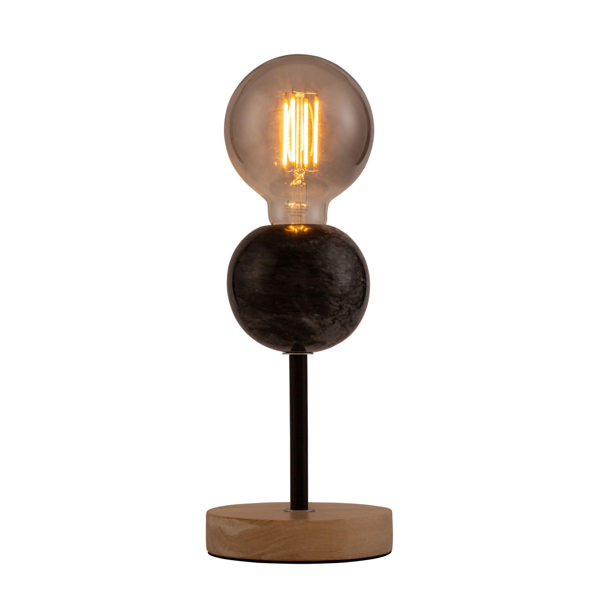 Modern table lamp with black marble base and wooden foot, warm white LED light for living spaces