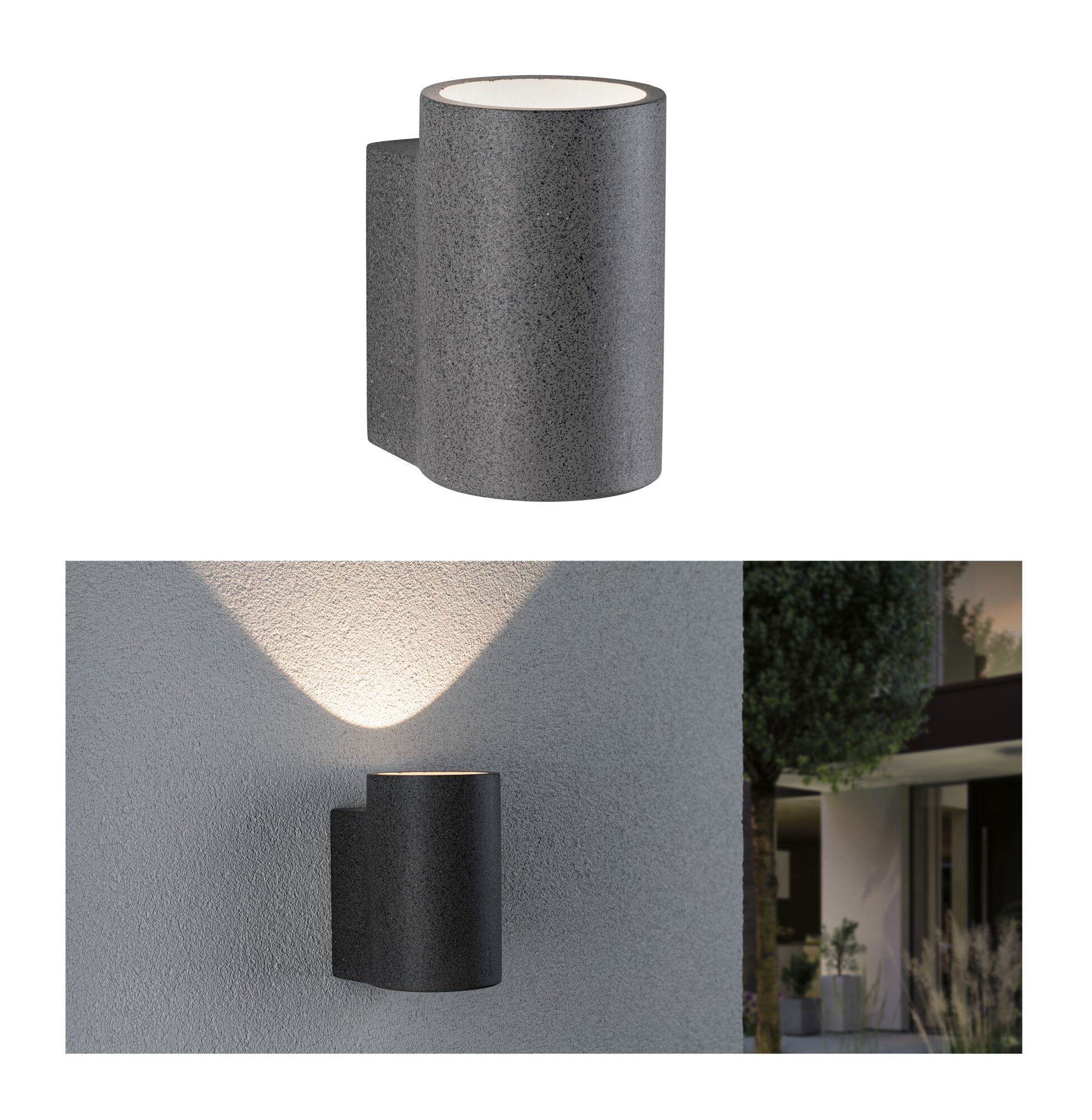Moderne grijze metalen buitenwandlamp met op- en neerwaartse verlichting voor gevelverlichting