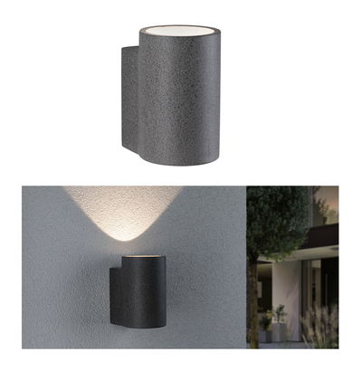 Moderne grijze metalen buitenwandlamp met op- en neerwaartse verlichting voor gevelverlichting