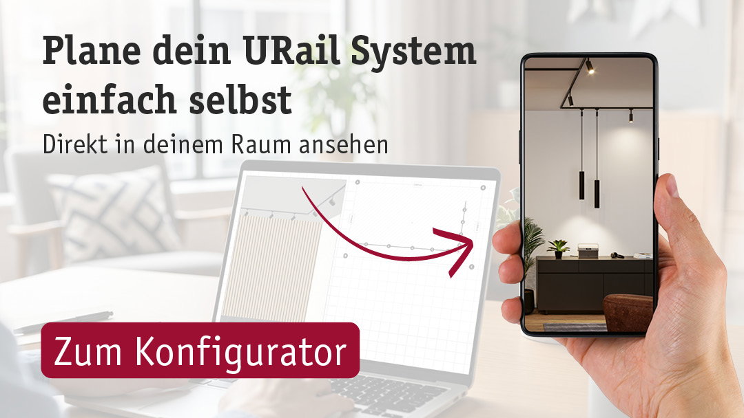Smartphone displaying URail lighting system in modern room, laptop with URail configurator in background
