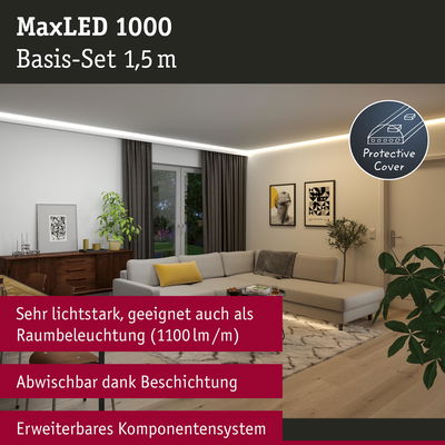 MaxLED 1000 LED-Lichtleiste 1,5 m mit Schutzabdeckung, helle Raumbeleuchtung im modernen Wohnzimmer
