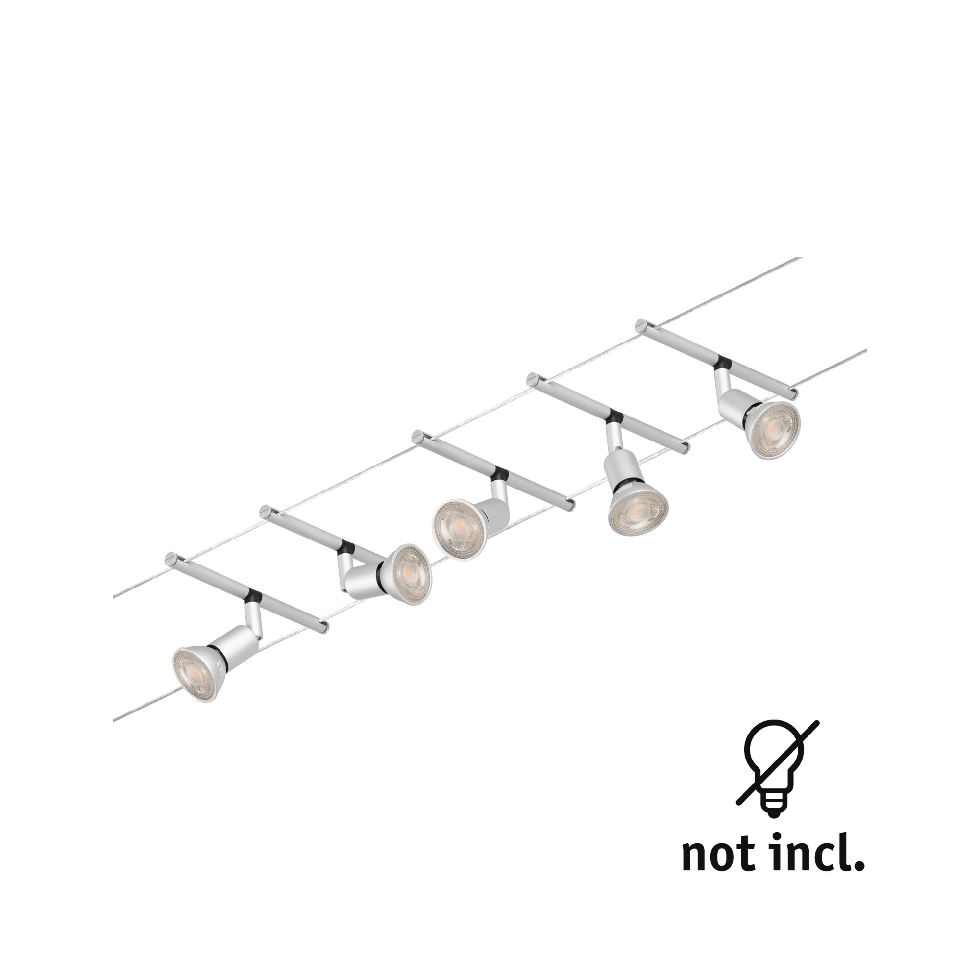 Modern cable spotlight with five silver LED heads without bulbs for versatile lighting