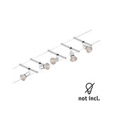 Modern cable spotlight with five silver LED heads without bulbs for versatile lighting