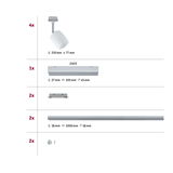 Set van 4 witte LED-spotlights, 1 zilveren 230V transformator en accessoires voor railsystemen
